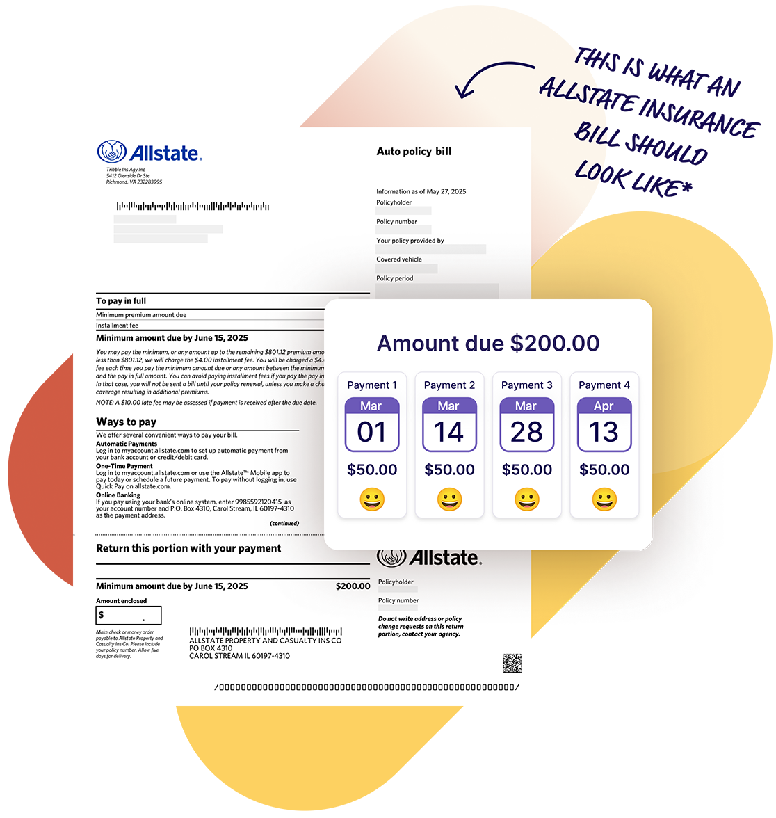 An Allstate Insurance bill sample and a schedule to pay in 4 installments using Deferit.