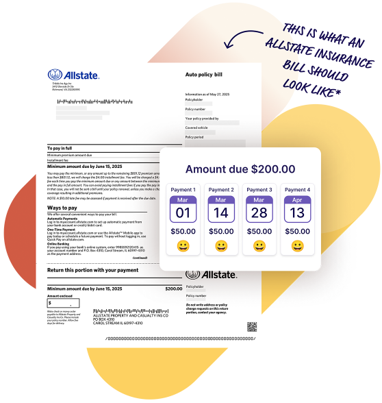 An Allstate Insurance bill sample and a schedule to pay in 4 installments using Deferit.