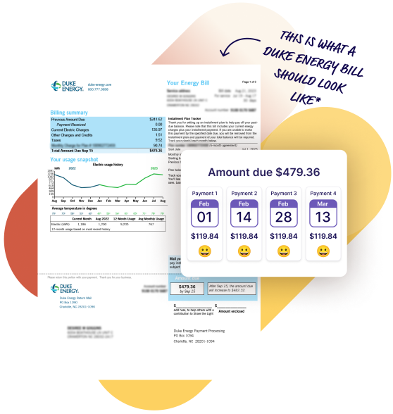 A Duke Energy bill sample and a schedule to pay in 4 smaller payments using Deferit.
