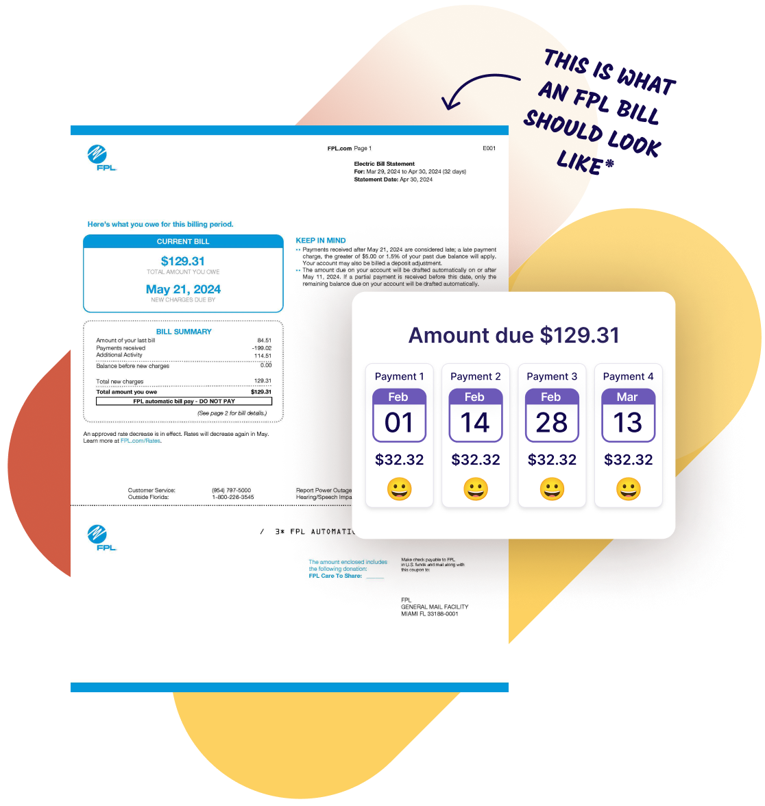 A Florida Power and Light bill sample and a schedule to pay in 4 smaller payments using Deferit.