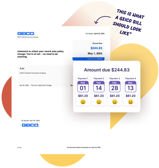A Geico bill sample and a schedule to pay in 4 installments using Deferit.