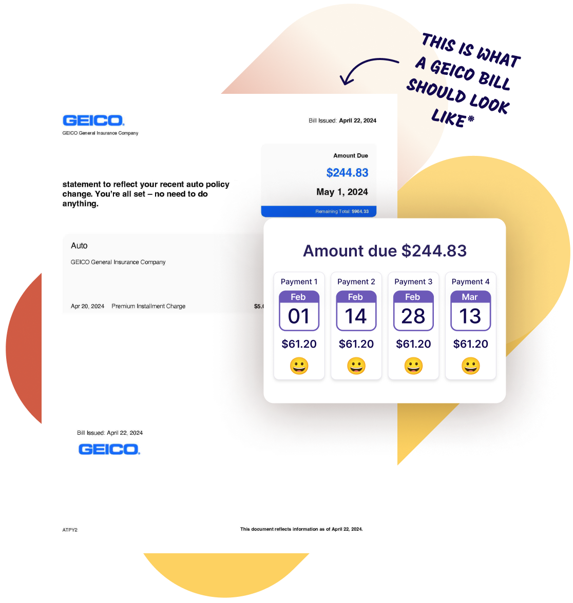 A Geico bill sample and a schedule to pay in 4 installments using Deferit.