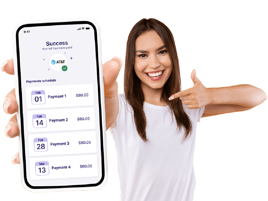 The Deferit app showing 3 options to split bills in 4, build your credit and save on your bills.
