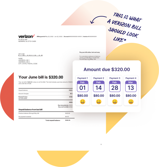A Verizon bill sample and a schedule to pay in 4 smaller payments using Deferit.