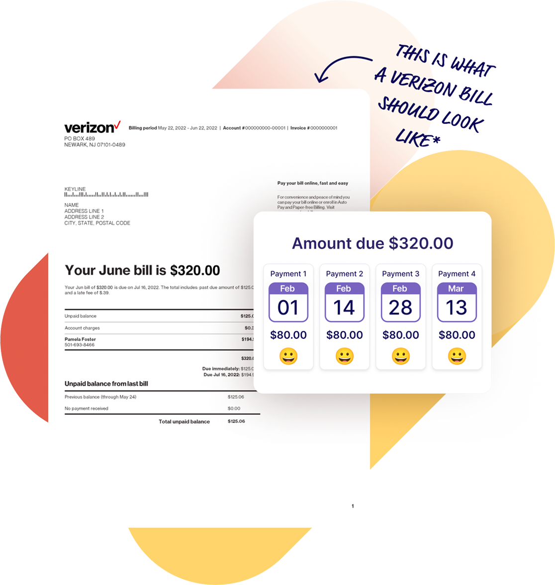 A Verizon bill sample and a schedule to pay in 4 smaller payments using Deferit.