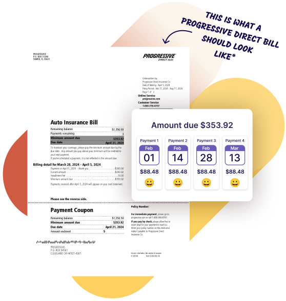 A Progressive bill sample and a schedule to pay in 4 installments using Deferit.