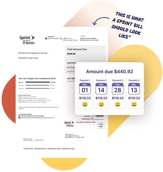 A Sprint bill sample and a schedule to pay in 4 installments using Deferit.