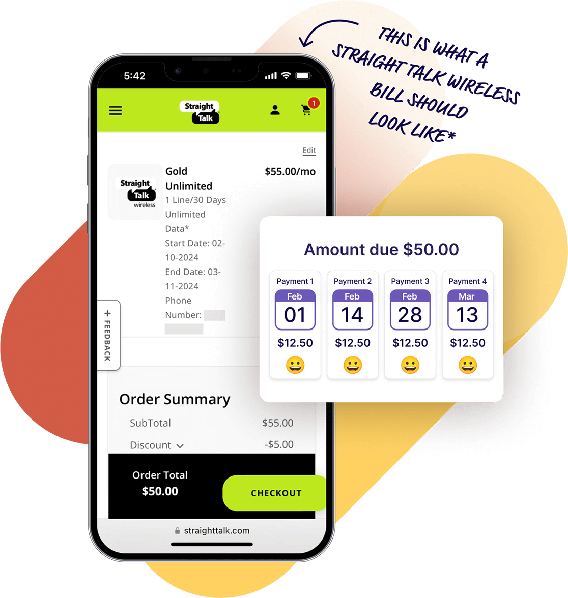 A Straight Talk Wireless bill sample and a schedule to pay in 4 installments using Deferit.