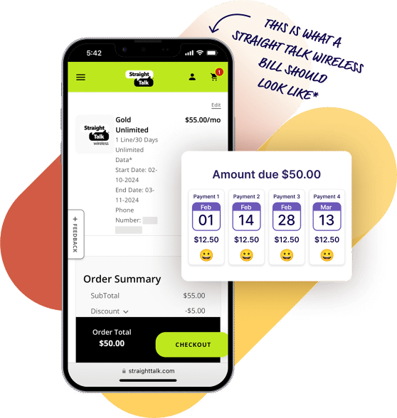 A Straight Talk Wireless bill sample and a schedule to pay in 4 installments using Deferit.