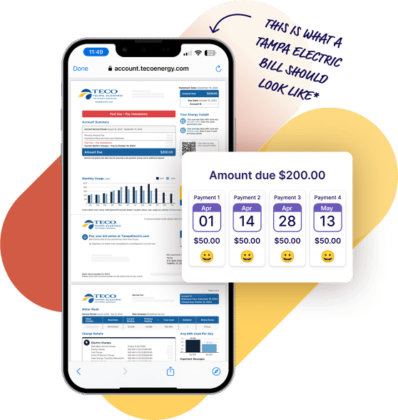 A sample of a Tampa Electric bill and a schedule to pay in 4 installments using Deferit.