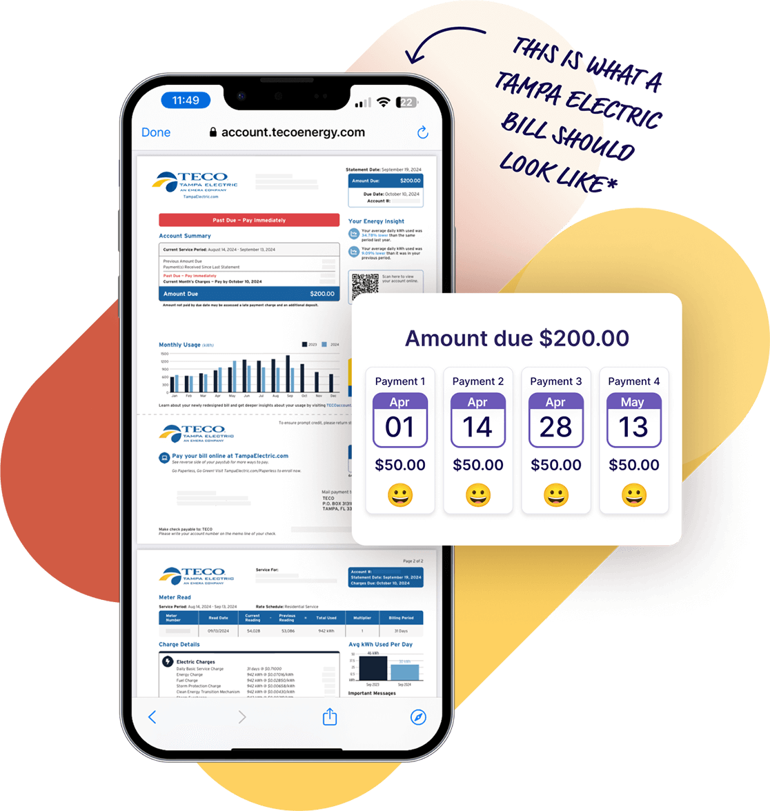 A sample of a Tampa Electric bill and a schedule to pay in 4 installments using Deferit.