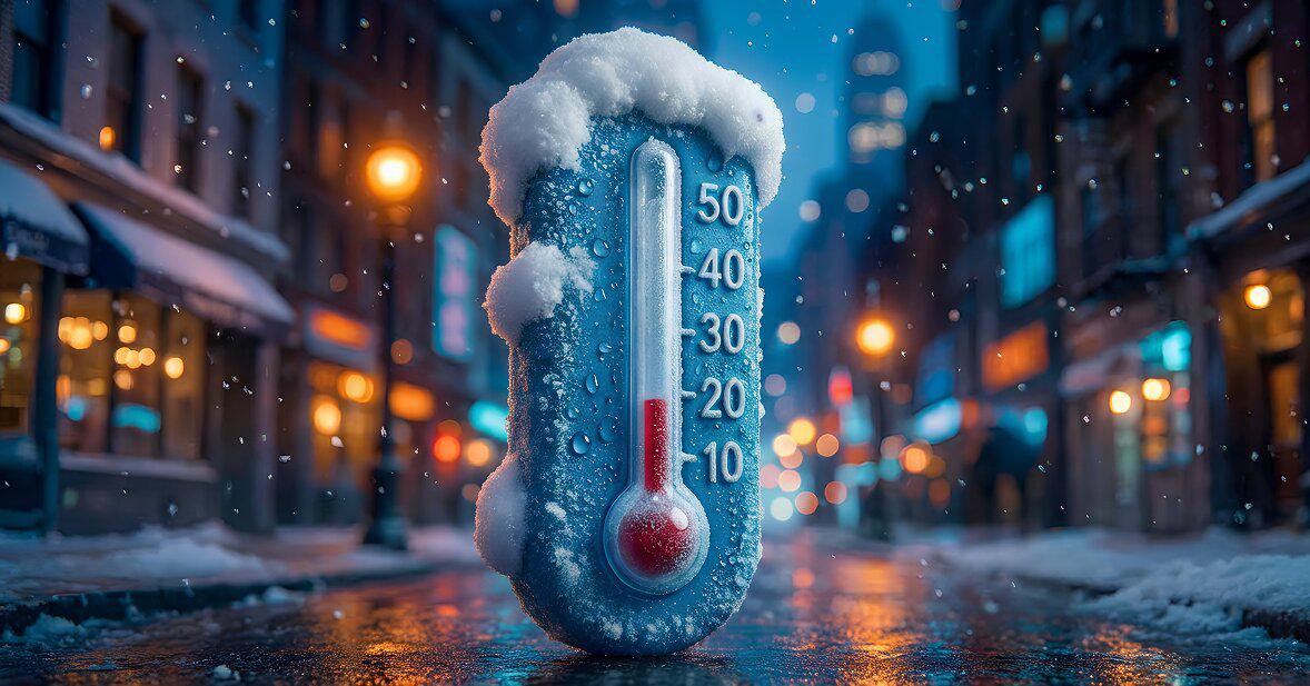 Frozen thermometer covered in snow and ice on winter city street at night, representing extreme cold weather and rising winter utility bills