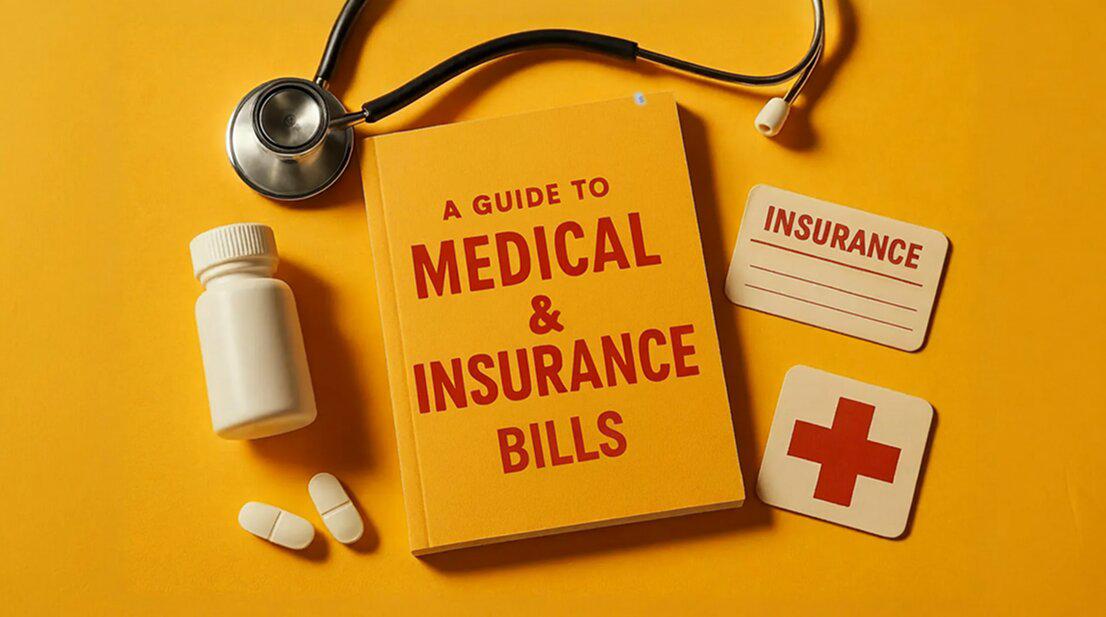 Person reviewing medical bills and insurance documents at desk during year-end planning